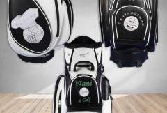 Golfball-Designs. Golfbags mit gestickten Golfbällen