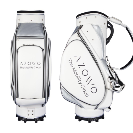 Golf bag / tour bag in white. Custom stitched with a company logo. Futuristic golf bag design